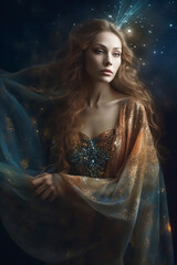Fototapeta premium portrait of a woman in the night! a Arwen celestial female light being, gracefully floating amidst a mesmerizing cosmic landscape. adorned in an ethereal gown that shimmers with holographic hues!