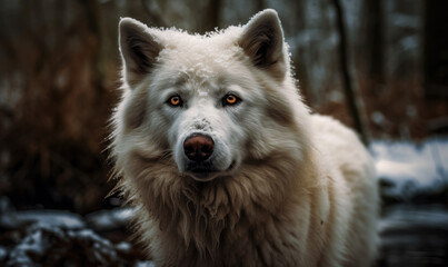 close up photo of Eskimo dog on winter forest background. Generative AI