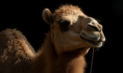 Obraz premium Photo of dromedary, known as Arabian riding camel, on black background. Generative AI