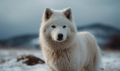 Arctic Guardian: Photo of Eskimo dog, majestically standing on a snowy landscape of the Arctic wilderness, with piercing eyes and a thick white coat. Generative AI