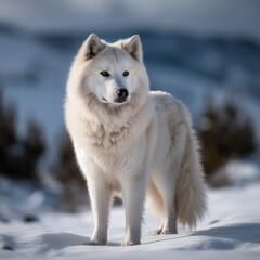 Obraz premium Arctic Guardian: Photo of Eskimo dog, majestically standing on a snowy landscape of the Arctic wilderness, with piercing eyes and a thick white coat. Generative AI
