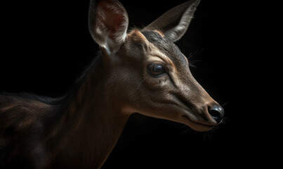 close up photo of duiker, know as forest-dwelling antelope on black background. Generative AI