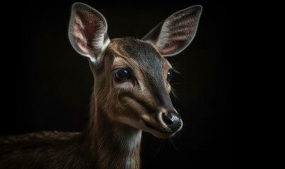 close up photo of duiker, know as forest-dwelling antelope on black background. Generative AI