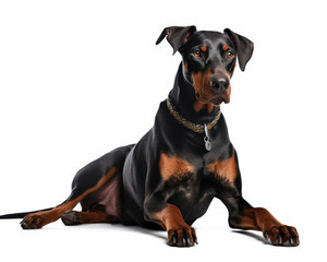 Fototapeta premium photo of Doberman Pinscher visible in full figure isolated on white background. Generative AI
