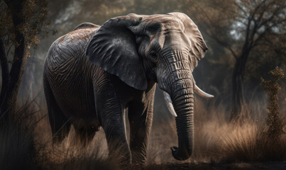 Elephant Savanna Majesty: Photo of elephant in the savannah, showcasing its majestic size, wrinkled skin, and powerful trunk. Generative AI