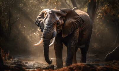 sunset photo of elephant on forest background. Generative AI