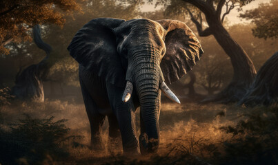 Fototapeta premium Elephant Savanna Majesty: Photo of elephant in the savannah, showcasing its majestic size, wrinkled skin, and powerful trunk. Generative AI