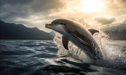Obraz premium Sunset Photo of dolphin, captured in stunning detail as it gracefully leaps out of the crystal-clear waters of the Caribbean sea. Generative AI