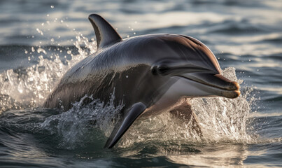 Photo of dolphin, captured in stunning detail as it gracefully leaps out of the crystal-clear waters of the Caribbean sea. Generative AI