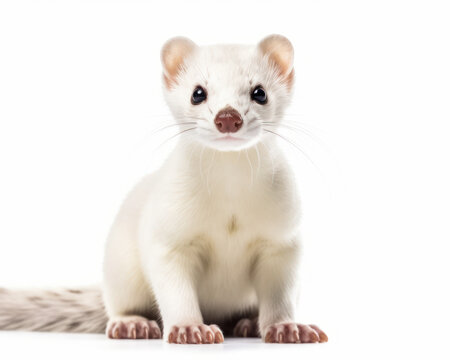 photo of ermine, also called stoat isolated on white background. Generative AI