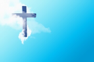Ascension day. Christian cross in blue clouds