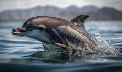 Photo of dolphin, captured in stunning detail as it gracefully leaps out of the crystal-clear waters of the Caribbean sea. Generative AI