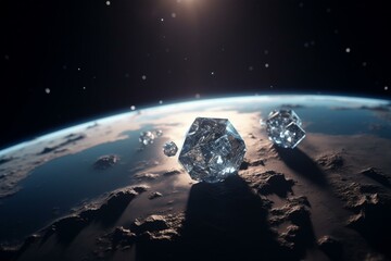 3D render of diamonds floating in space with Earth in view. Generative AI