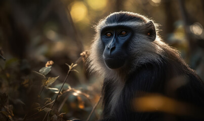 sunset photo of diana monkey in its natural habitat. Generative AI