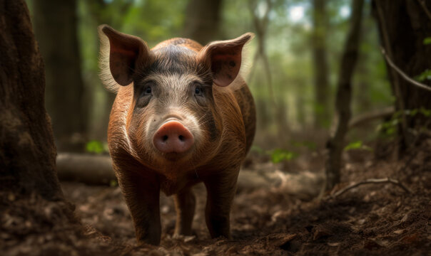 close up photo of Duroc-Jersey on blurry forest background. Generative AI