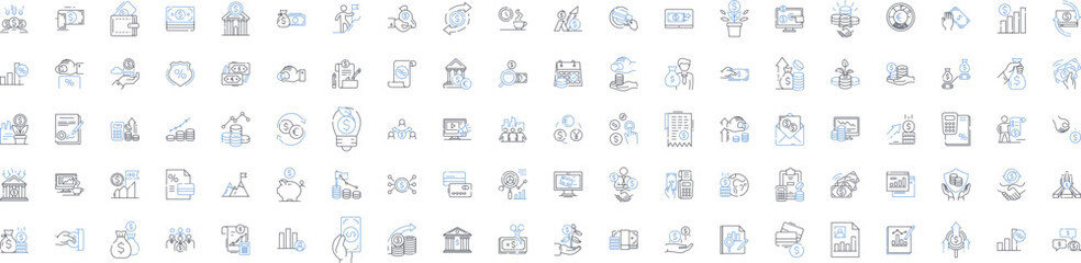 Finance industry line icons collection. Investment, Banking, Stocks, Loans, Trading, Accounting, Credit vector and linear illustration. Insurance,Dividends,Debts outline signs set Generative AI - obrazy, fototapety, plakaty
