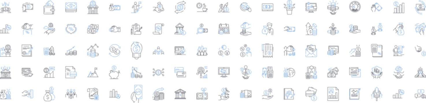 Finance industry line icons collection. Investment, Banking, Stocks, Loans, Trading, Accounting, Credit vector and linear illustration. Insurance,Dividends,Debts outline signs set Generative AI