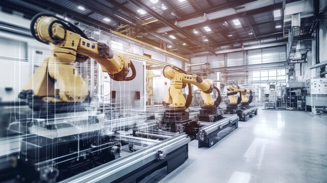 Industry 4.0 smart factory interior showcases advanced automation, machinery, and robotics in a futuristic industrial setting. Innovation, engineering, and interconnected systems. Generative AI