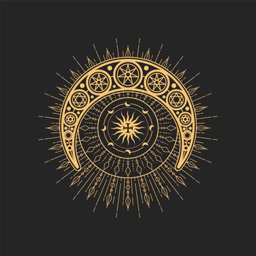 Crescent, moon, stars and powerful cross esoteric occult symbol, magic tarot sign. Vector sacred cross in circle and solar with radiant rays. Religion spiritual amulet, tattoo design
