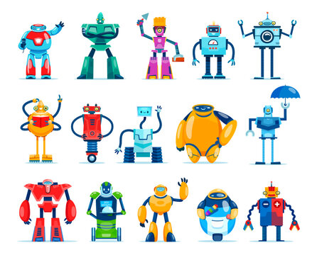 Cartoon robot characters, androids and robotic cyborg machines, vector kids toys. Funny robots, droids and transformers, cheerful cute space bots and alien cyborg monsters on wheels