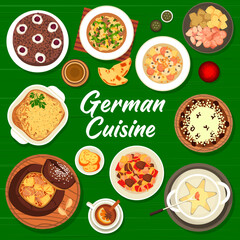 German cuisine restaurant menu cover design. Potato sausage beer soup, chocolate cherry and christmas cakes, kidney Eintopf, sausages and cheese fondue, Hamburg potato pie, goulash and bavarian soup