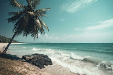 Scenic image of serene seaside with palm tree. Oceanic vista captured digitally in tropical paradise. Generative AI