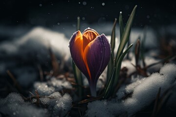 An illustration of a crocus flower growing through snow. Generative AI