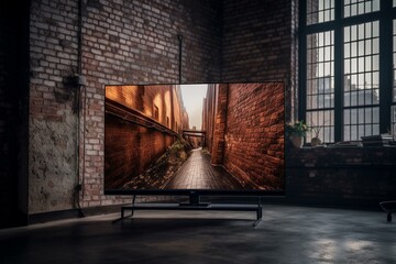 Big TV on brick wall in public space. Generative AI