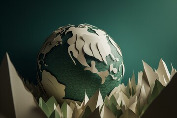 Green and white paper cutout of Earth for Earth Day illustration. Generative AI