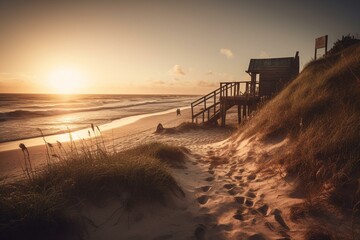 Vintage beach scene at sunrise. Generative AI