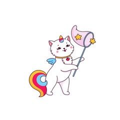 Cartoon cute caticorn character catching stars with butterfly net in sky. White vector unicorn cat with colorful tail, horn and wings playing and fun. Magic kitty, kawaii kitten fairy tale personage