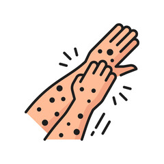 Allergy itching symptom color line icon. Seasonal, clothing material or food allergy reaction or allergen intolerance outline vector pictogram. Allergic symptom minimal icon or symbol with itchy hands