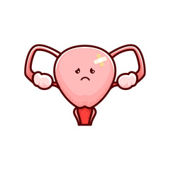 Uterus sick organ, cartoon character for woman health and anatomy, vector ovary. Menstruation or female reproductive system disease, sad uterus with illness pain, gynecology virus or infection