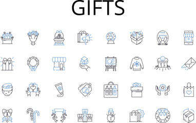 Gifts line icons collection. Presents, Souvenirs, Prizes, Rewards, Presents, Gift cards, Keepsakes vector and linear illustration. Offerings,Tokens,Treasures outline signs set Generative AI