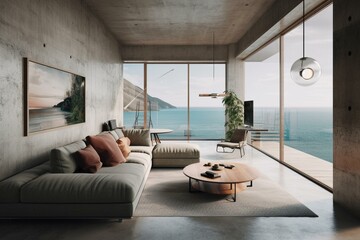 Cozy lounge and living area with concrete walls and ocean view. Generative AI