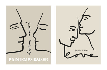 Set of art modern prints with kissing people in black line matisse style isolated on beige.  Collection contemporary posters for wall decor. Backgrounds with portraits of lovers. Vector illustration
