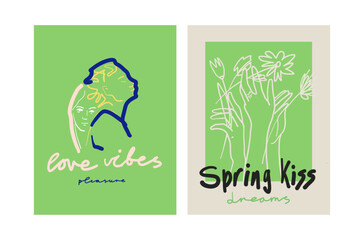 Modern Art prints collection. Set of contemporary bohemian prints in color line style. Valentine day cards template. Posters in matisse style for wall decor. Silhouette of lovers. Vector illustration