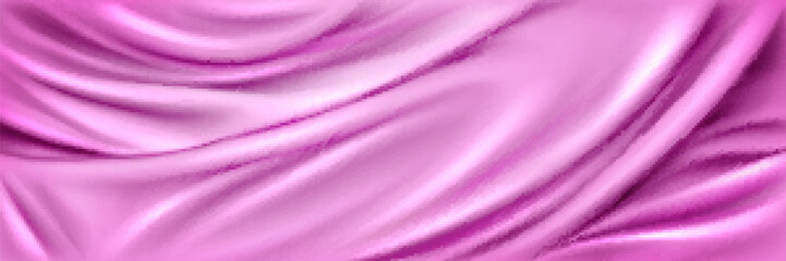 Realistic abstract pink silk background. Vector illustration of satin fabric texture with smooth drapery surface. Soft bedding material with waves pattern. Luxury bed sheet top view. Elegant textile