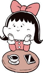 リボンの少女とスマホとコーヒー