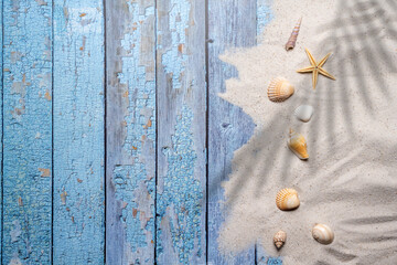 Summer, beach and vacation concept with free text space. Top view. Flat layout with various sea...