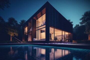 Fototapeta na wymiar A modern house in 3D, depicted at night. Generative AI
