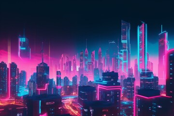 A futuristic city skyline with neon lights in blue and pink. A night scene with advanced buildings. Generative AI