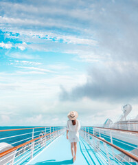 Cruise holiday, elegant woman portrait smiling on cruise ship deck, copy space on blue sky. Generative AI