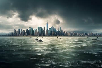 Future metropolis on water's edge amidst stormy skyline. Generative AI