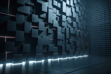 Futuristic 3D blocks on dark concrete wall with white light strips. Geometric tech wallpaper - illuminated. 3D render. Generative AI