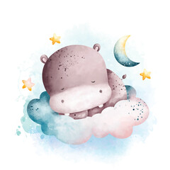 Watercolor illustration Cute baby hippo sleeping on the cloud with moon and stars