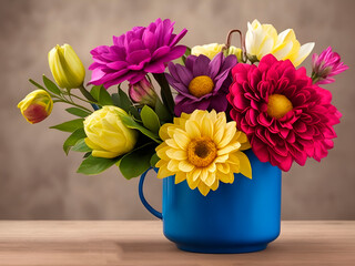 Bouquet of colorful chrysanthemums in a blue vase, generative AI
