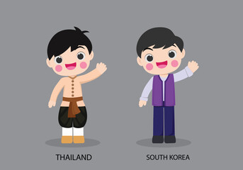 Thailand peopel in national dress. Set of South Korea man dressed in national clothes. Vector flat illustration