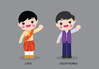 Obraz na płótnie Canvas Laos peopel in national dress. Set of South Korea man dressed in national clothes. Vector flat illustration.