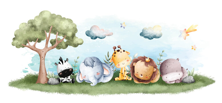 Watercolor Illustration Jungle baby Animal sleep on the grass background